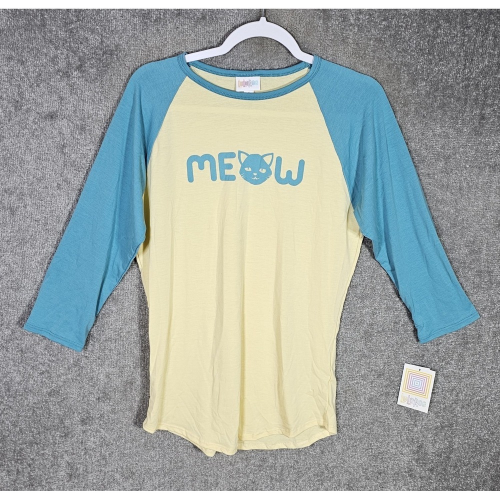 Lularoe Randy Cat MEOW Raglan Tee Shirt Womens Sz Small Yellow Blue T-Shirt‎ NWT